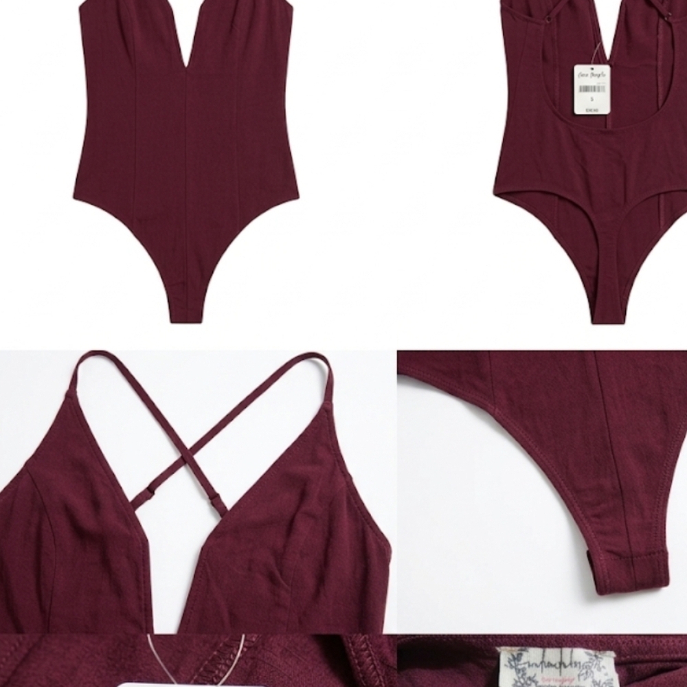 Free People Deep V Crossback Bodysuit - Burgundy - Picture 4 of 5